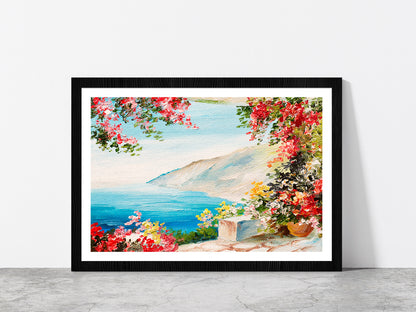 House With Colorful Flowers Near The Sea Glass Framed Wall Art, Ready to Hang Quality Print With White Border Black