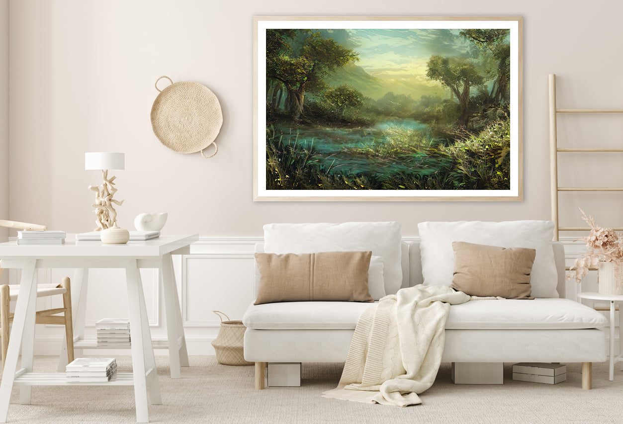 A River Surrounded By Trees and Plants Painting Home Decor Premium Quality Poster Print Choose Your Sizes