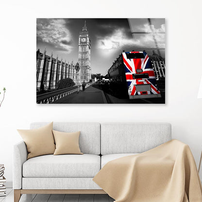 Big Ben with City Bus Covered Flag of England, London, UK Acrylic Glass Print Tempered Glass Wall Art 100% Made in Australia Ready to Hang