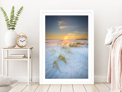 Sandy Sea Dunes in Walton Beach Sunset View Photograph Glass Framed Wall Art, Ready to Hang Quality Print With White Border White