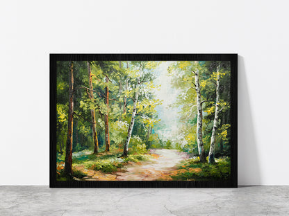 Trees On Summer Forest & Forest Road Glass Framed Wall Art, Ready to Hang Quality Print Without White Border Black