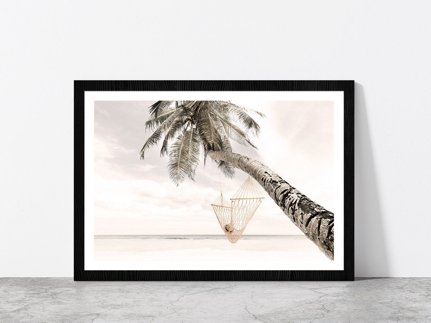 Hammock on Palm Tree near Beach Faded Photograph Glass Framed Wall Art, Ready to Hang Quality Print With White Border Black