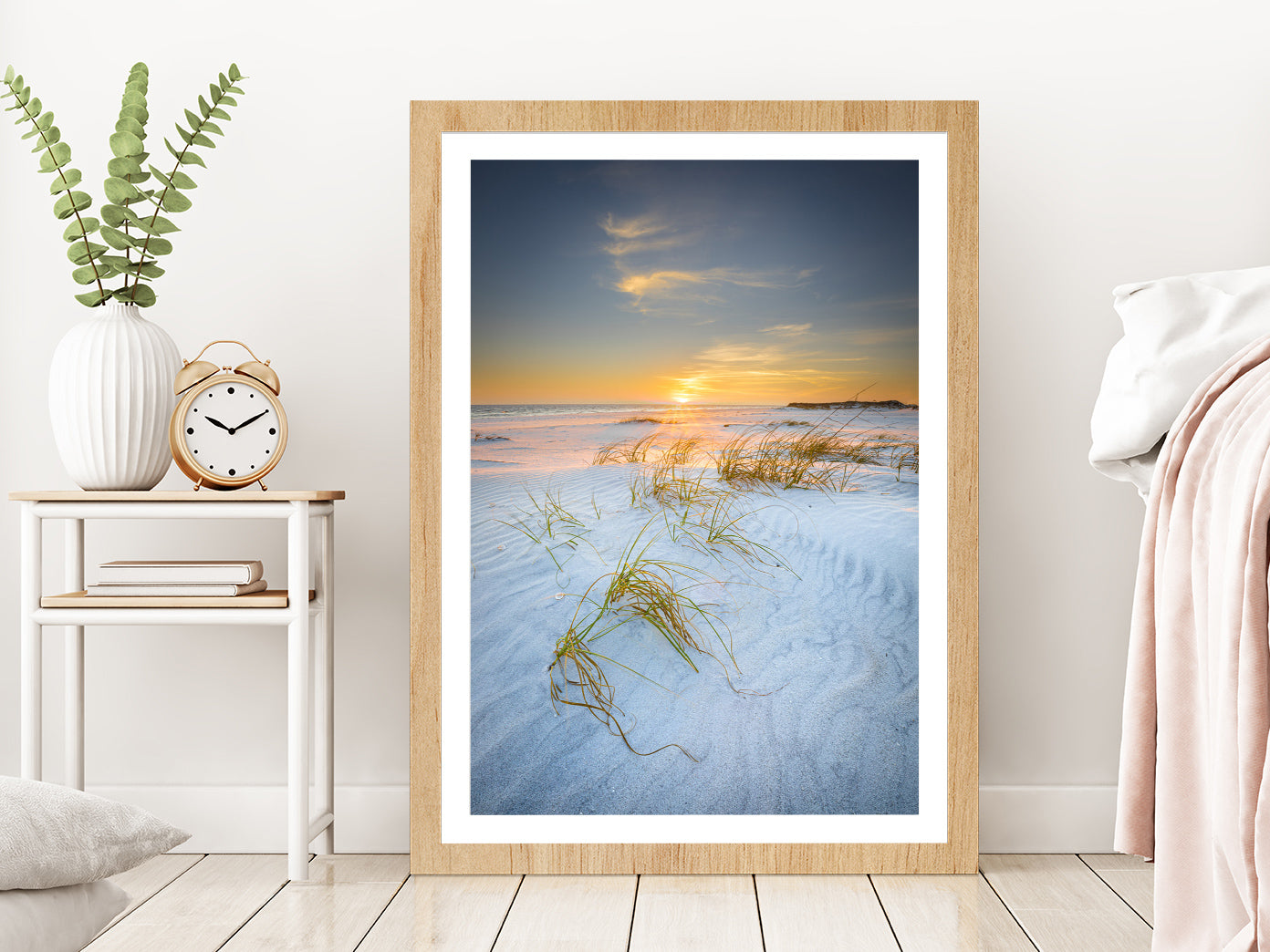 Sandy Sea Dunes in Walton Beach Sunset View Photograph Glass Framed Wall Art, Ready to Hang Quality Print With White Border Oak