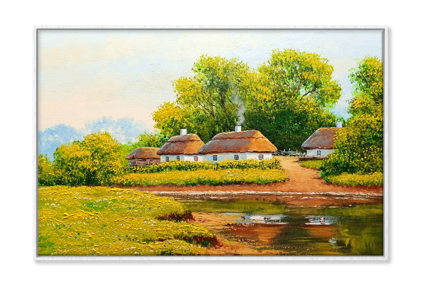 Old Village near River & Green Trees Oil Painting Wall Art Limited Edition High Quality Print Canvas Box Framed White