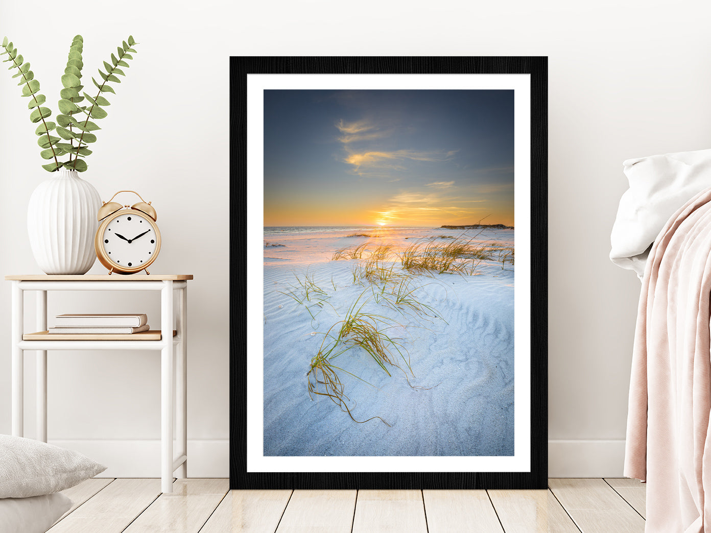 Sandy Sea Dunes in Walton Beach Sunset View Photograph Glass Framed Wall Art, Ready to Hang Quality Print With White Border Black