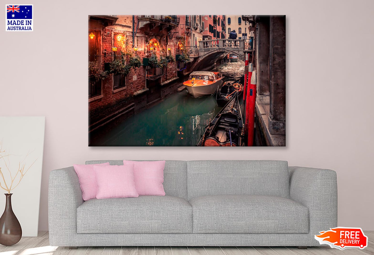 Canal With a Boat in It and A Bridge Wall Art Decor 100% Australian Made