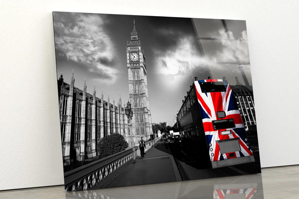 Big Ben with City Bus Covered Flag of England, London, UK Acrylic Glass Print Tempered Glass Wall Art 100% Made in Australia Ready to Hang