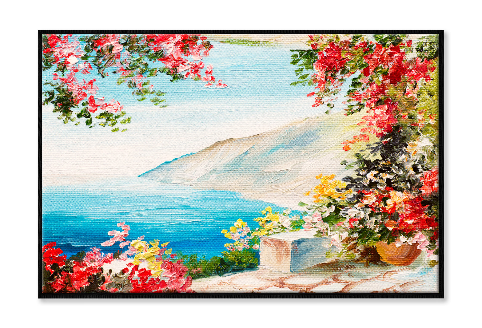 House With Colorful Flowers Near The Sea Oil Painting Wall Art Limited Edition High Quality Print Canvas Box Framed Black