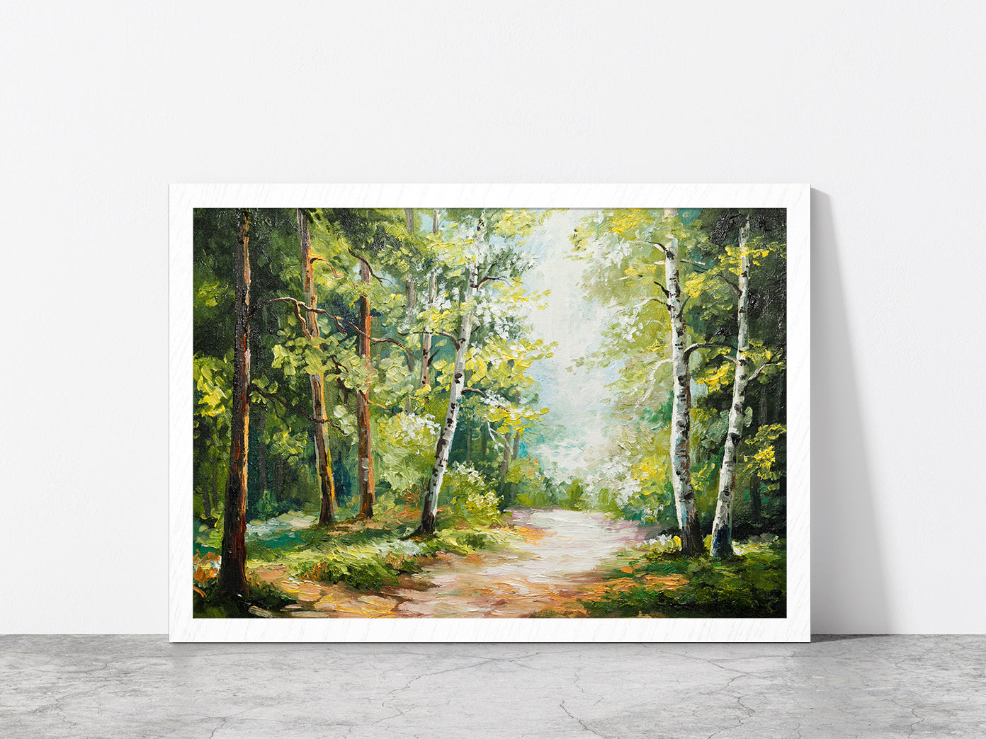 Trees On Summer Forest & Forest Road Glass Framed Wall Art, Ready to Hang Quality Print Without White Border White