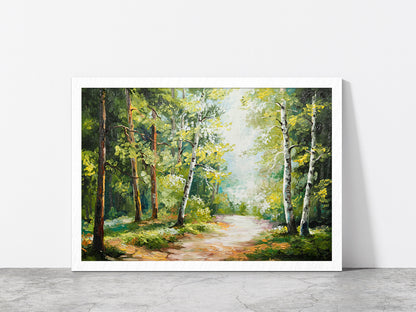 Trees On Summer Forest & Forest Road Glass Framed Wall Art, Ready to Hang Quality Print Without White Border White