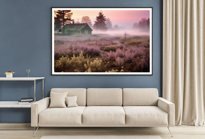 A House in a Field during Sunrise with Trees, Grass Home Decor Premium Quality Poster Print Choose Your Sizes