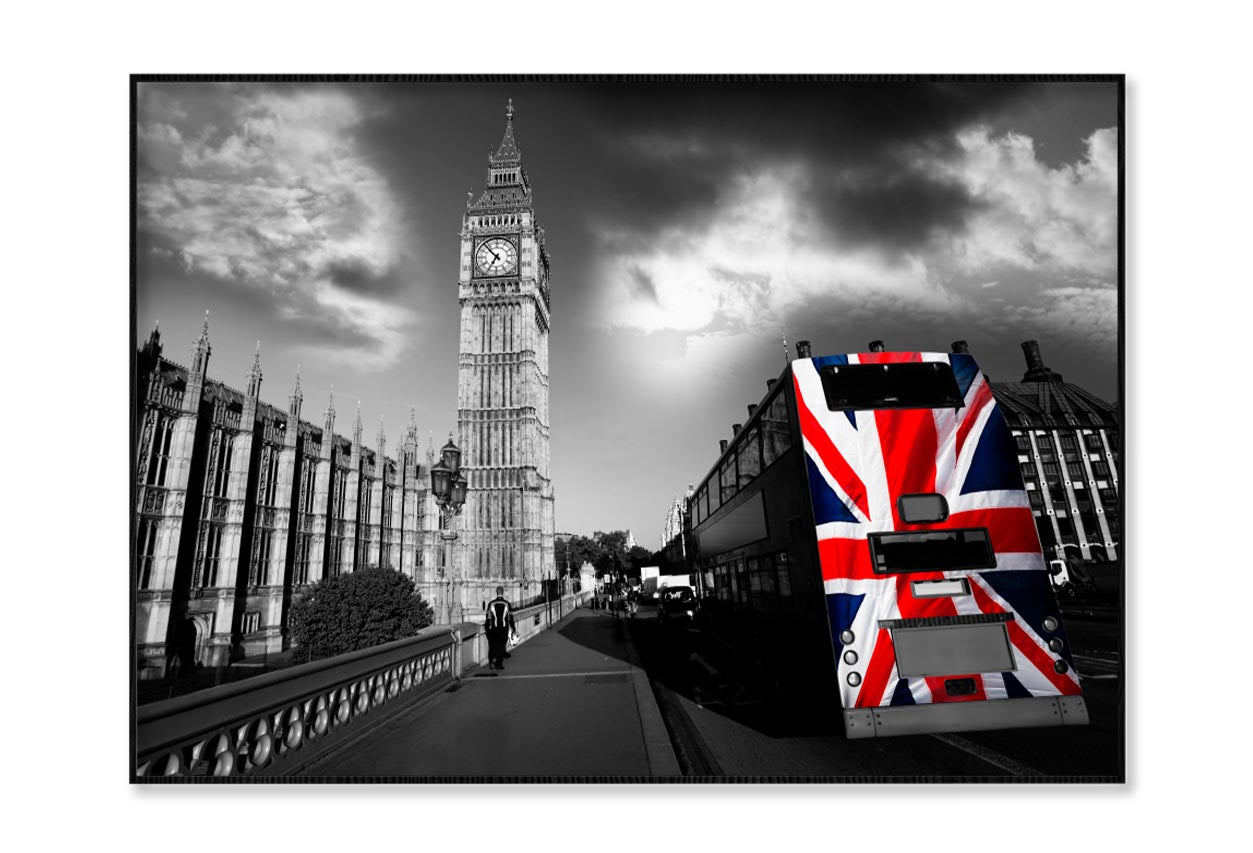 Big Ben with City Bus Covered Flag of England, London, UK Home Decor Premium Quality Poster Print Choose Your Sizes