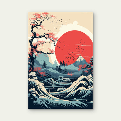 Japanese Wave Mount Fuji Red Sun 40x60cm Metal Print Ready to Hang