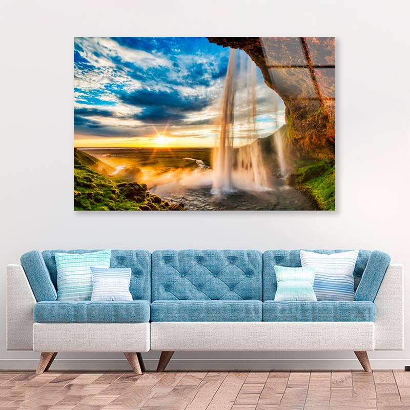 Seljalandfoss Waterfall At Sunset in Hdr, Iceland Acrylic Glass Print Tempered Glass Wall Art 100% Made in Australia Ready to Hang