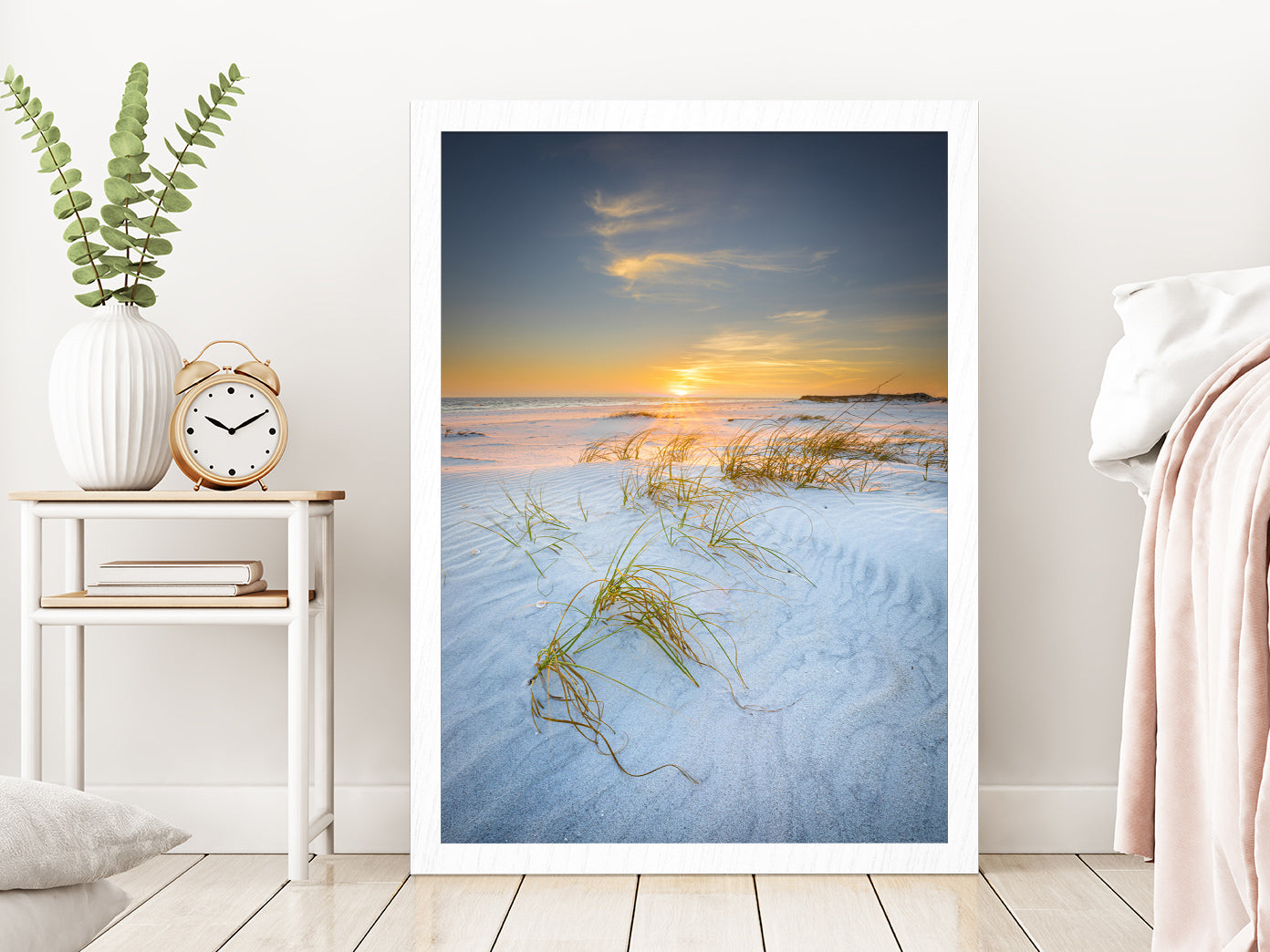 Sandy Sea Dunes in Walton Beach Sunset View Photograph Glass Framed Wall Art, Ready to Hang Quality Print Without White Border White