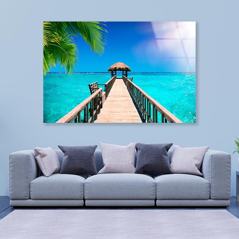 Traditional Boat Jetty in A Luxury Resort of Maldives Acrylic Glass Print Tempered Glass Wall Art 100% Made in Australia Ready to Hang