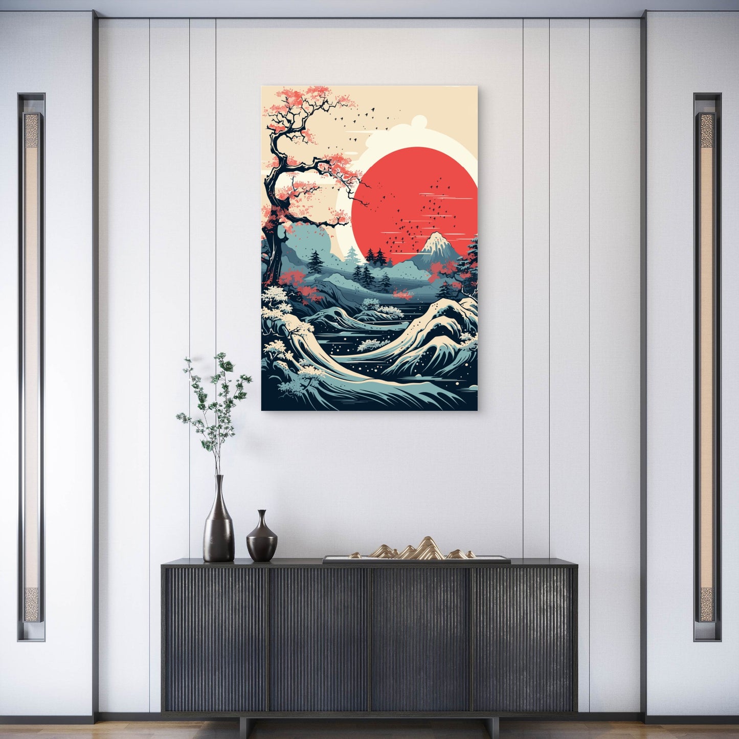 Japanese Wave Mount Fuji Red Sun 40x60cm Metal Print Ready to Hang