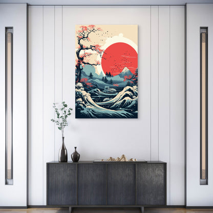 Japanese Wave Mount Fuji Red Sun 40x60cm Metal Print Ready to Hang