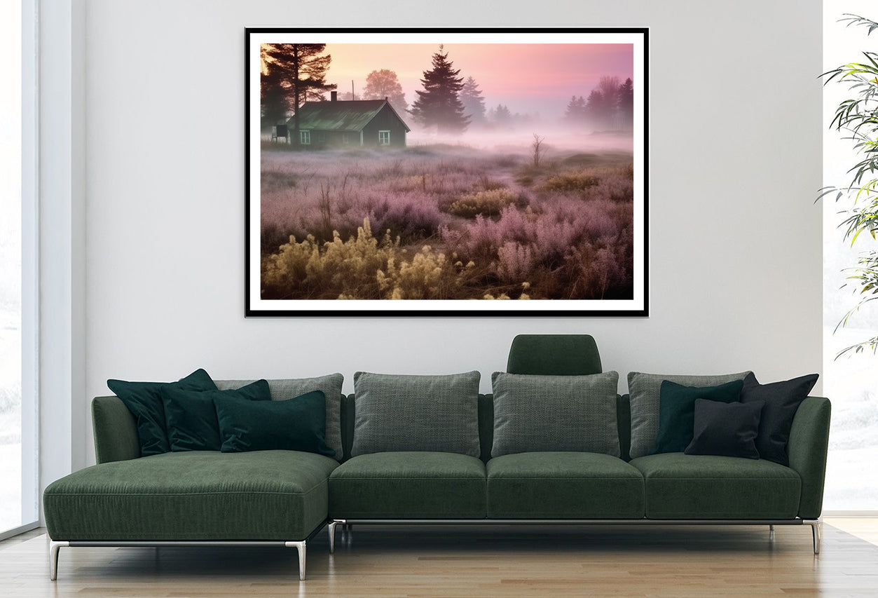 A House in a Field during Sunrise with Trees, Grass Home Decor Premium Quality Poster Print Choose Your Sizes