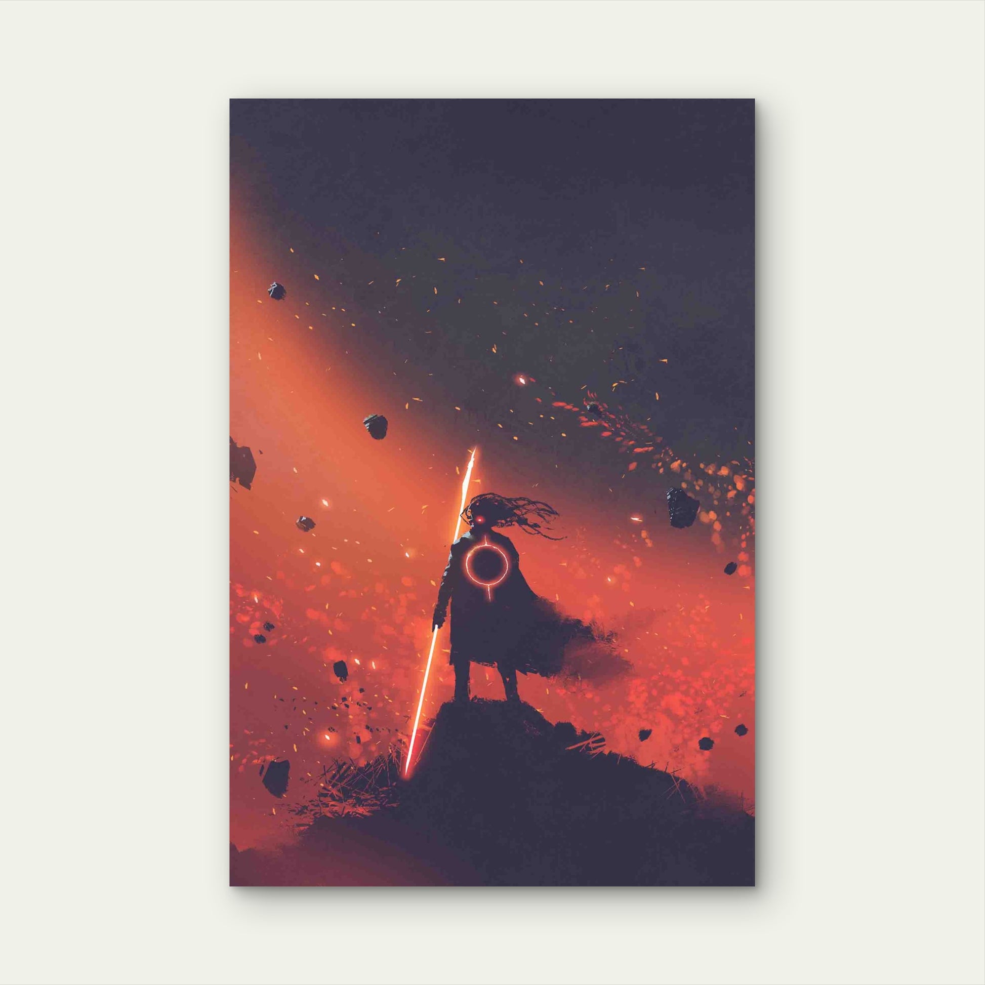 Man with the Light Sword Standing Against Red Space Metal Print Ready to Hang - Bella Home Decor