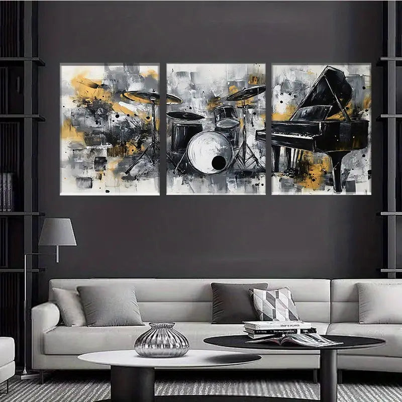 3pcs Piano & Drums - Abstract Gray & Yellow Design Metal Print Ready to Hang Art