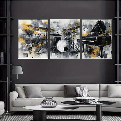 3pcs Piano & Drums - Abstract Gray & Yellow Design Metal Print Ready to Hang Art