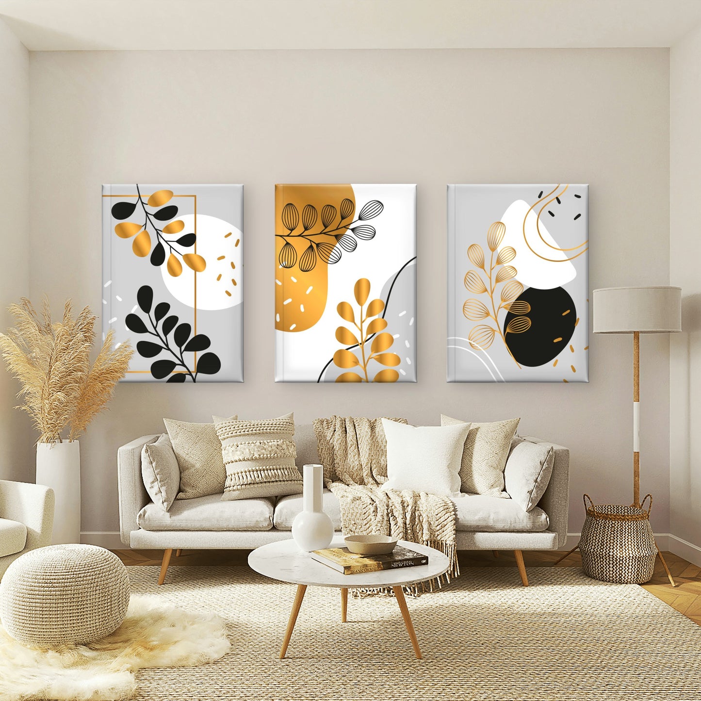 3pcs Modern Boho Gold Botanical Branches Trio    Wall Art Set Canvas Framed 40x60cm - High Quality Print 100% Australian Made Wall Canvas Ready to Hang