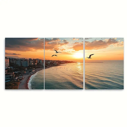3pcs Sunset Beach Seagulls Coastal Scene Wall Art Set Canvas Framed 40x60cm - High Quality Print 100% Australian Made Wall Canvas Ready to Hang