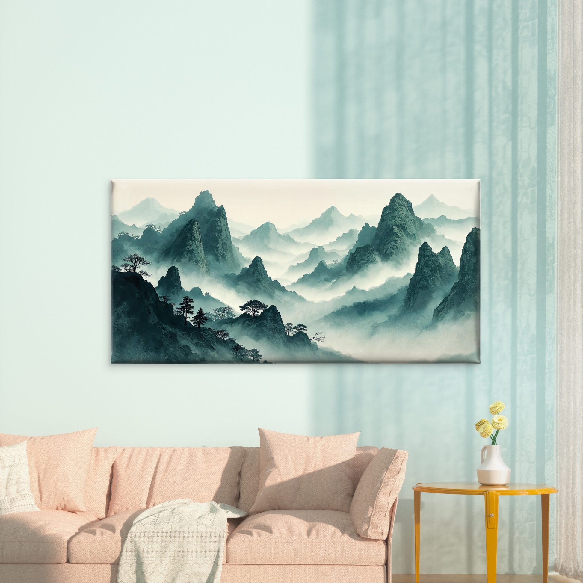 Ethereal Misty Mountain Ink Wall Art Canvas Office Home Room Framed 120x60cm - Bella Home Decor