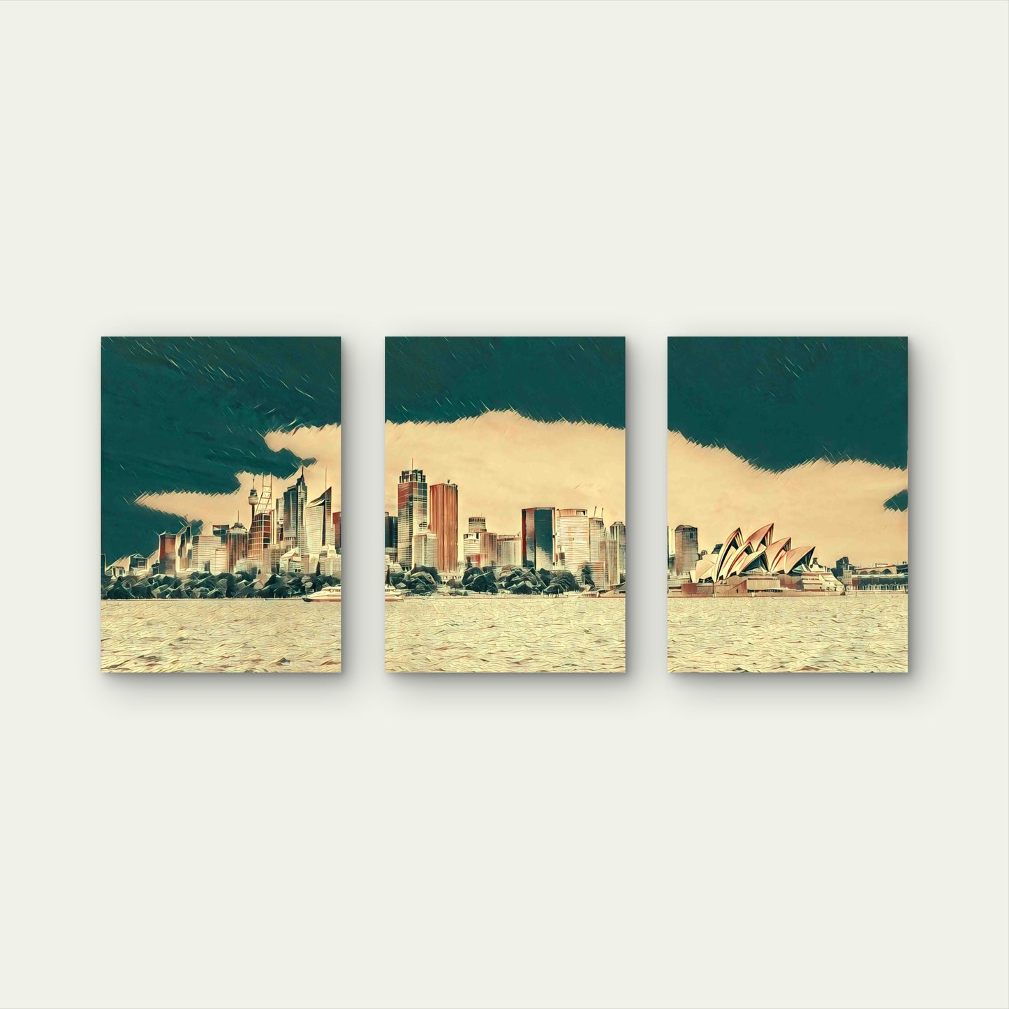 3pcs Gilded Warm Tone Over Australian Coastal City Metal Print Ready to Hang Art - Bella Home Decor