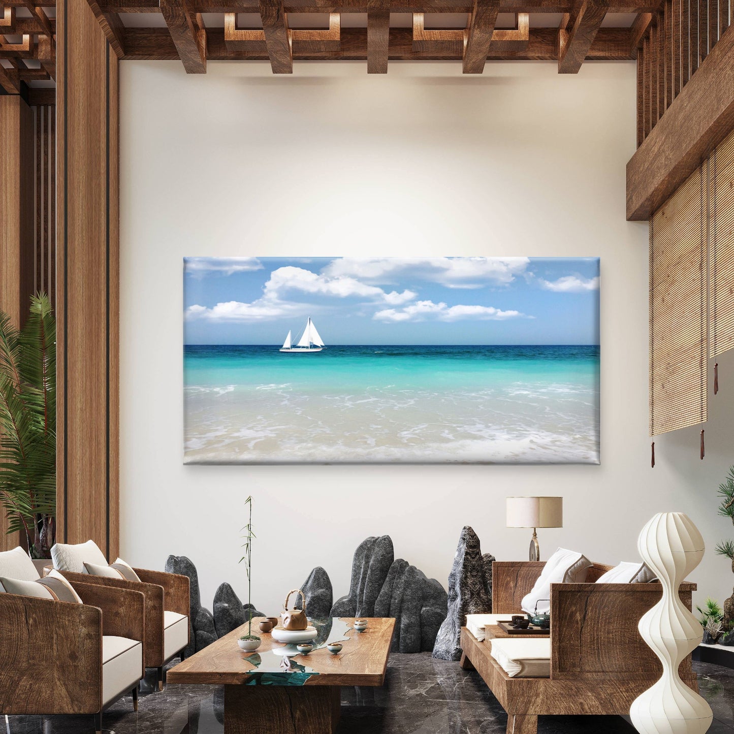Lone Sailboat Clear Horizon Wall Art Canvas Office Home Room Framed 120x60cm - Bella Home Decor