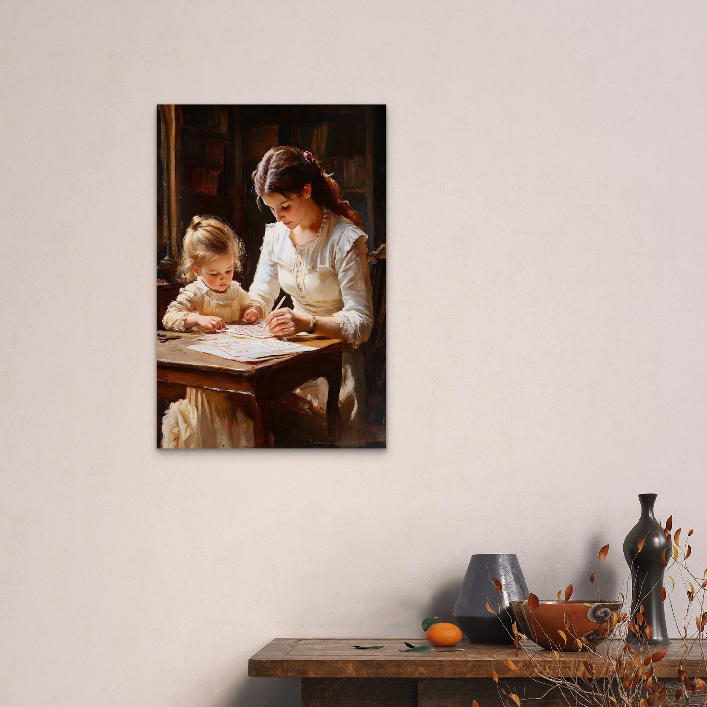 Mom And Toddler Girl Reading Book Artwork 40x60cm Metal Print Ready to Hang