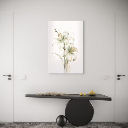 Abstract White Green Gold Lily Painting 40x60cm Metal Print Ready to Hang