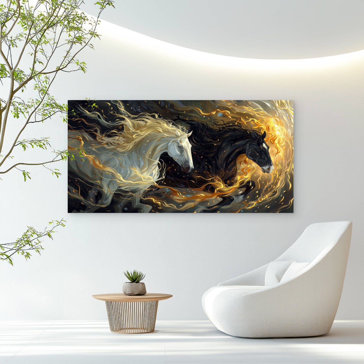 Black White Fire Horses Wall Art Canvas Office Home Room Framed 120x60cm