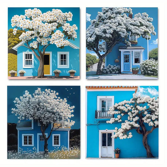 4pcs  Blue house under white treeWall Art Canvas Framed