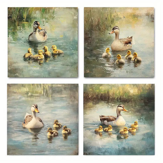 4pcs Duck Animal Painting Wall Art Canvas Framed