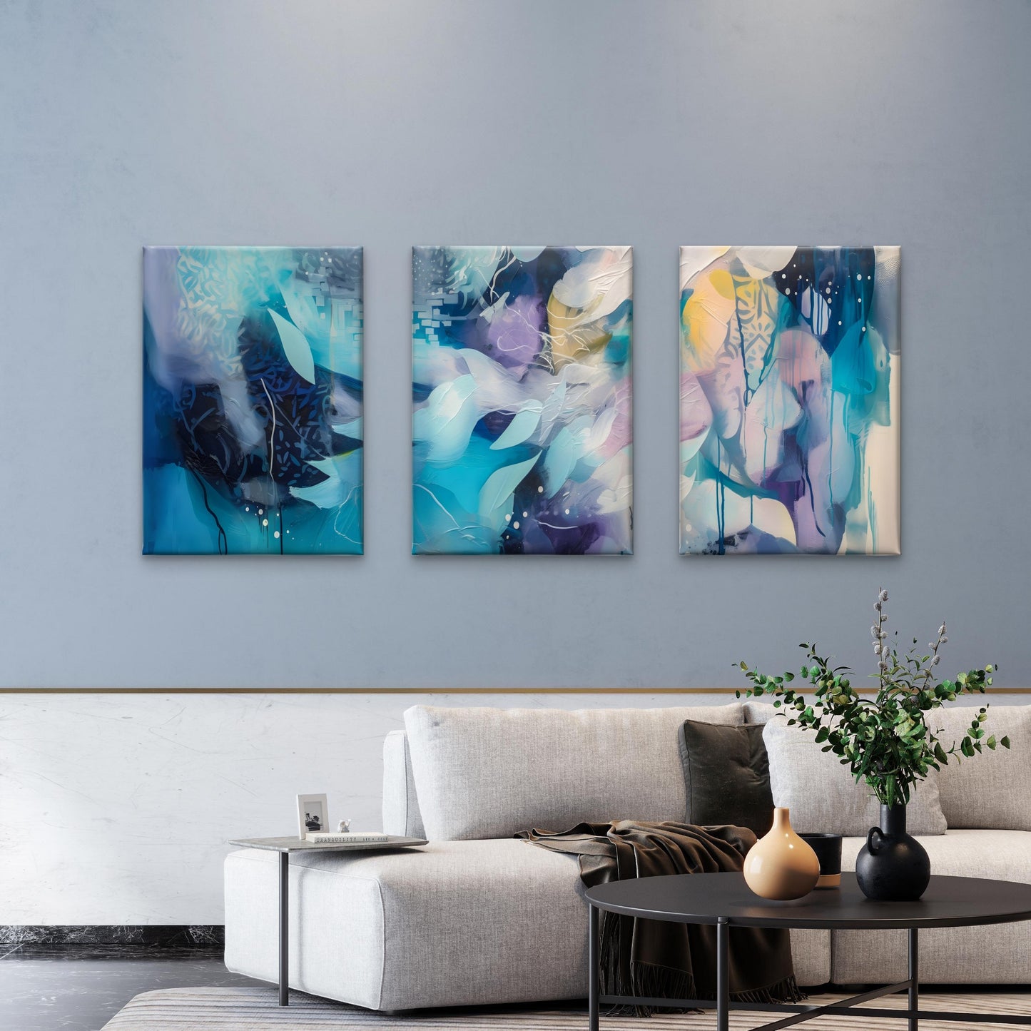 3pcs Abstract Indigo Teal Lavender Floral Shapes  Wall Art Set Canvas Framed 50x70cm - High Quality Print 100% Australian Made Wall Canvas Ready to Hang