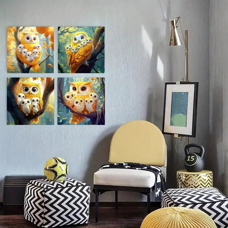 4pcs  yellow owl and Little ow  d f Wall Art Canvas Framed
