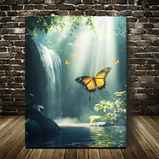 Surreal Butterfly & Waterfall Painting with Morning Mist 40x60cm Metal Print Ready to Hang - Bella Home Decor