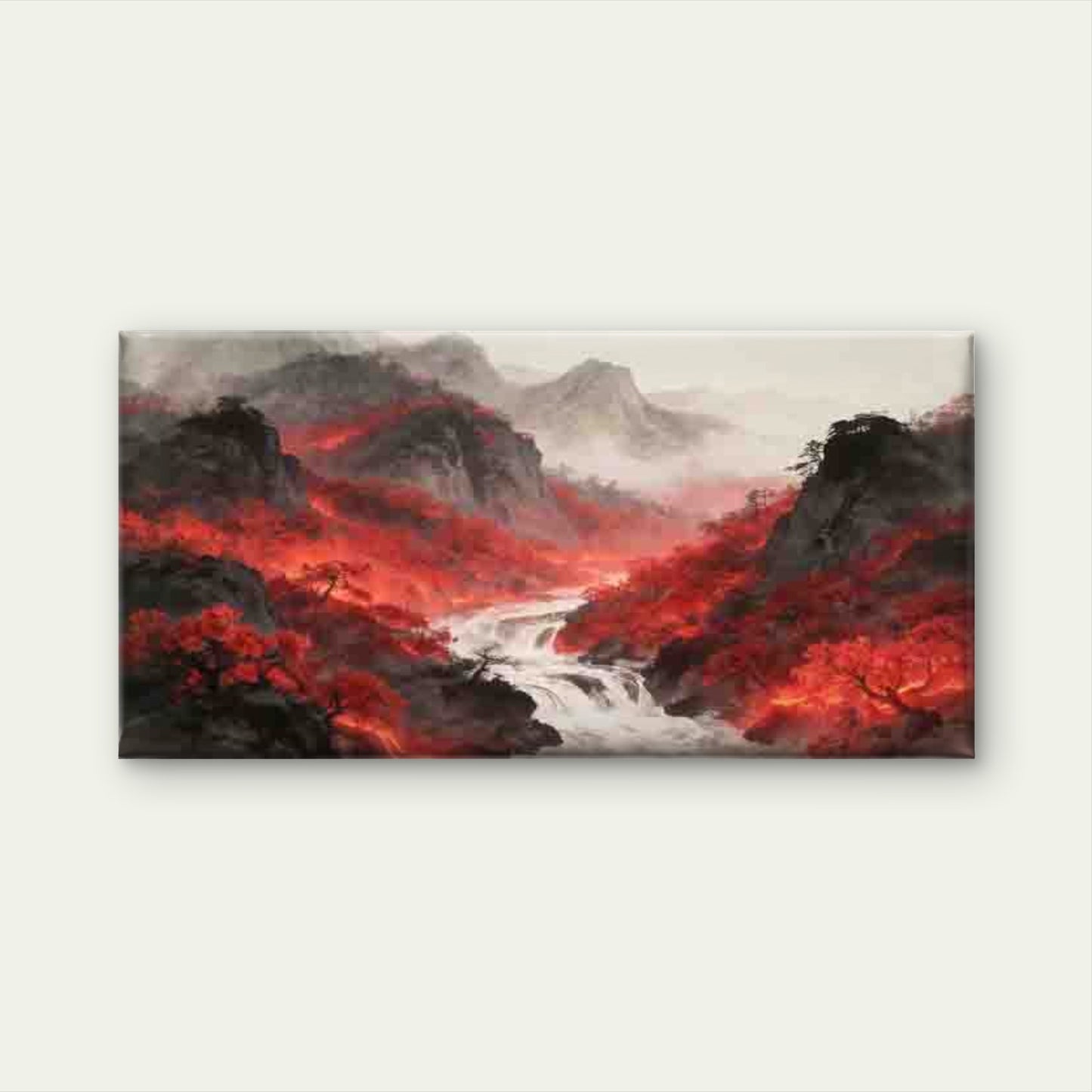 Red Forest Mountain River Scene Wall Art Canvas Office Home Room Framed 120x60cm - Bella Home Decor