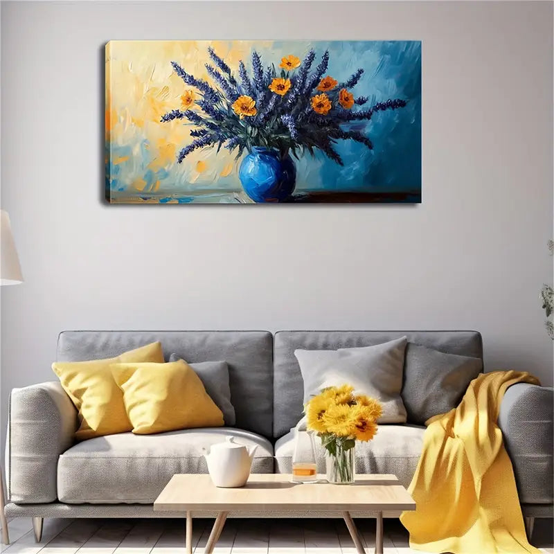 Blue Vase with Purple Tail Wall Art Canvas Office Home Room Framed 120x60cm - Bella Home Decor