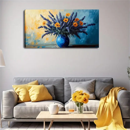 Blue Vase with Purple Tail Wall Art Canvas Office Home Room Framed 120x60cm - Bella Home Decor