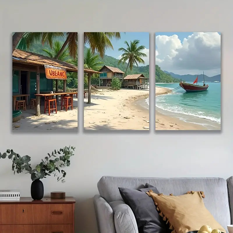 3pcs Beach Huts Palm Trees Scenic Wall Art Set Canvas Framed 50x70cm - High Quality Print 100% Australian Made Wall Canvas Ready to Hang - Bella Home Decor