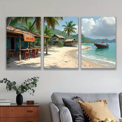 3pcs Beach Huts Palm Trees Scenic Wall Art Set Canvas Framed 60x90cm - High Quality Print 100% Australian Made Wall Canvas Ready to Hang - Bella Home Decor