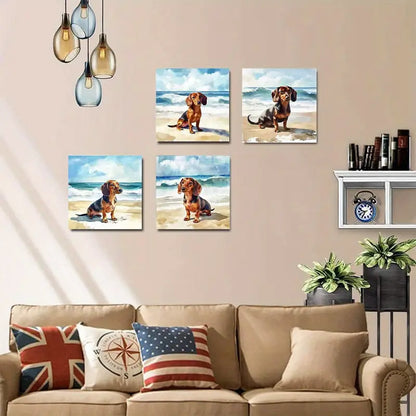 4pcs Charming Dachshund& Ocean Wall Art Canvas Framed