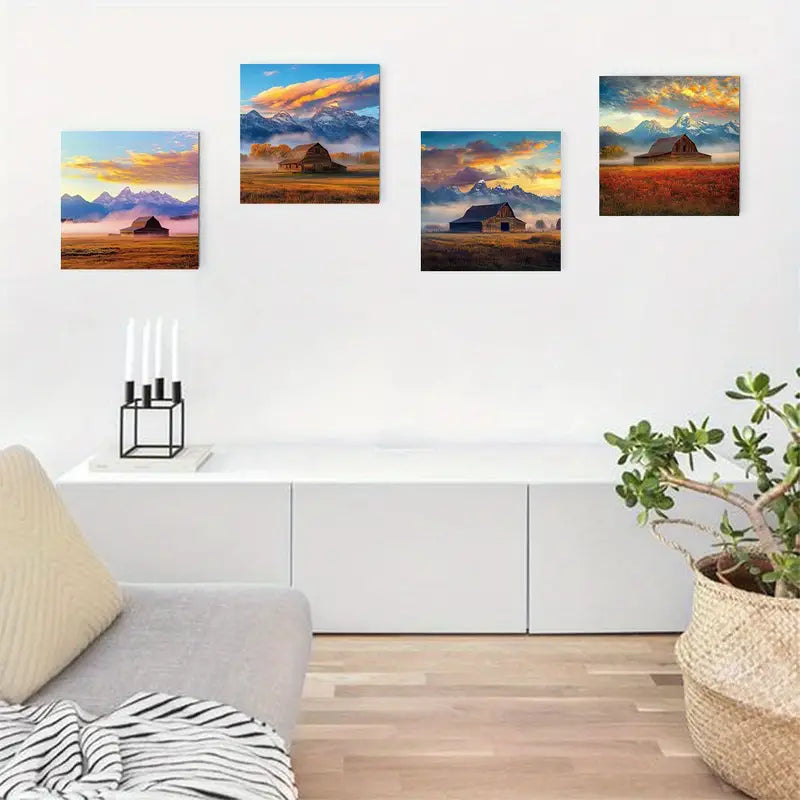 4pcs Mountain & Farmhouse Scenes with Vibrant  Wall Art Canvas Framed