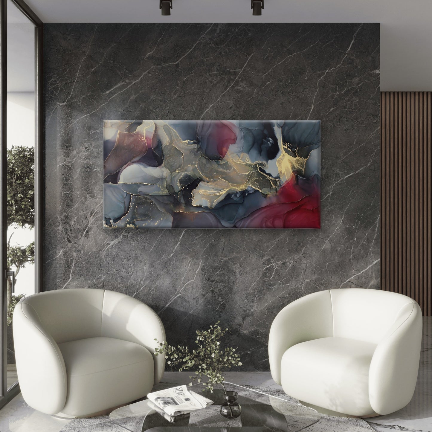Abstract Black Red Alcohol Ink Swirl Gold Foil Wall Art Canvas Office Home Framed 120x60cm