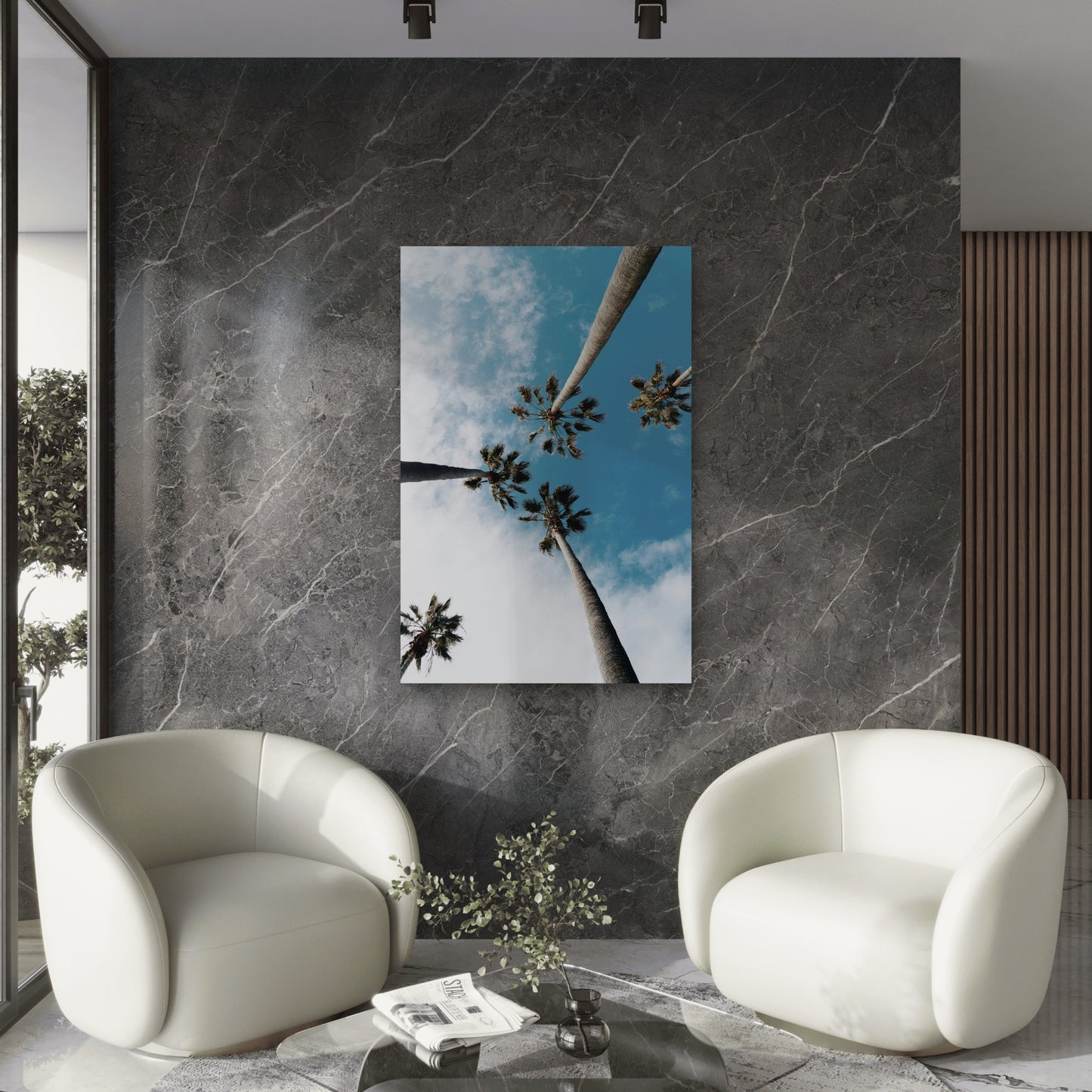 Palm Trees Against A Blue Sky With White Clouds 40x60cm Metal Print Ready to Hang