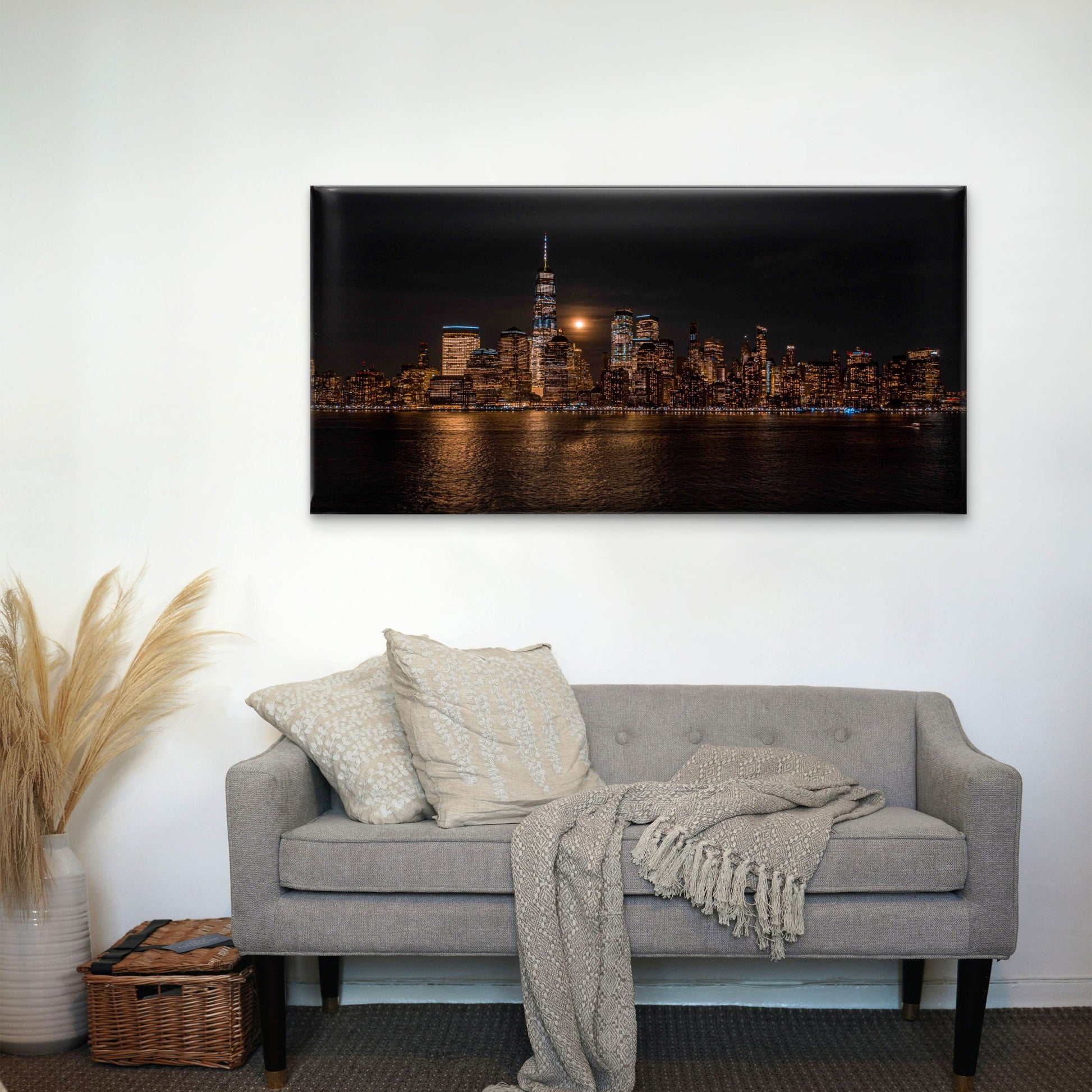 City Skyline at Night with Moon Wall Art Canvas Office Home Room Framed 120x60cm - Bella Home Decor