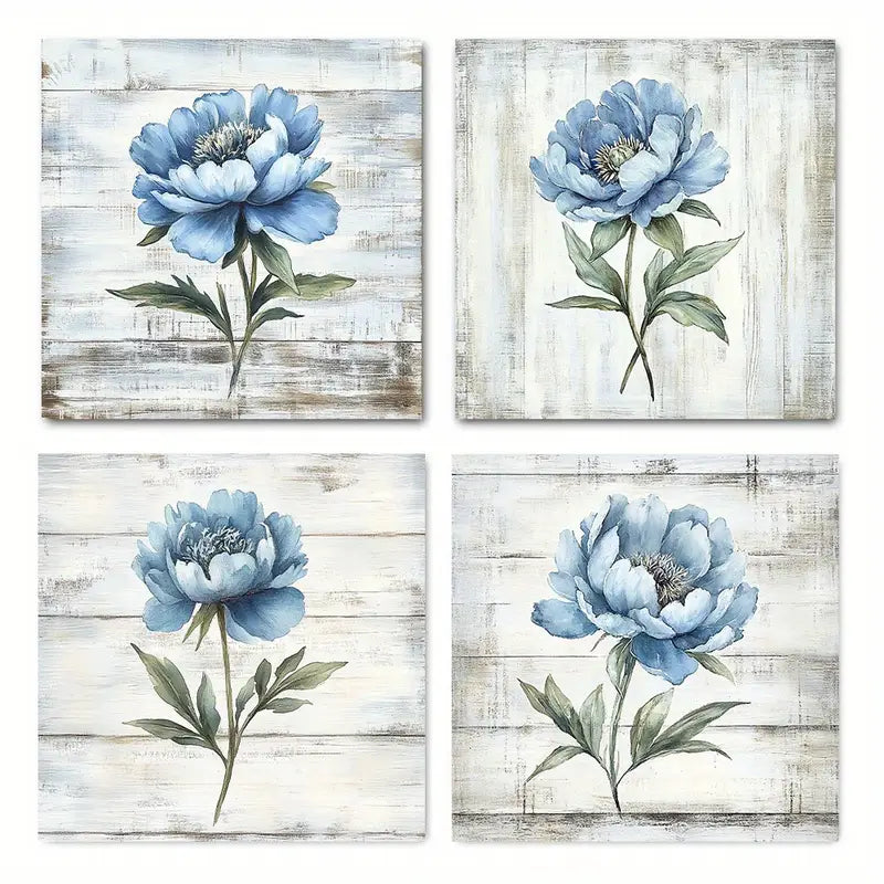 4pcs Blue Flowers In Rustic  Wall Art Canvas Framed